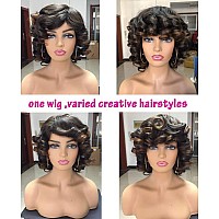 Annivia Short Afro Curly Wigs With Bangs For Women Kinky Curly Hair Wig 2 Tone Ombre Dark Brown Big Bouncy Fluffy Curly Wig