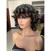 Annivia Short Afro Curly Wigs With Bangs For Women Kinky Curly Hair Wig 2 Tone Ombre Dark Brown Big Bouncy Fluffy Curly Wig