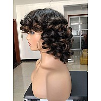 Annivia Short Afro Curly Wigs With Bangs For Women Kinky Curly Hair Wig 2 Tone Ombre Dark Brown Big Bouncy Fluffy Curly Wig