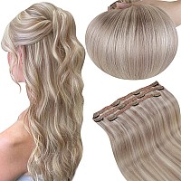 Runature Clip In Hair Extensions Real Human Hair Blonde Highlights 14 Inch Double Weft Remy Human Hair Clip In Extensions For Wo