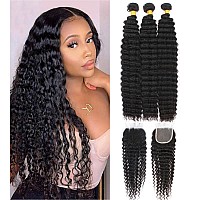 Brazilian Deep Wave 3 Bundles With Closure 12A Pineapple Deep Wave Human Hair Bundles With Closure 100 Unprocessed Virgin Remy