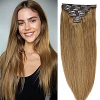 16 Clip In Human Hair Extensions Full Head 130G 7 Pieces 16 Clips 8 Light Brown Double Weft Brazilian Real Remy Hair Extension