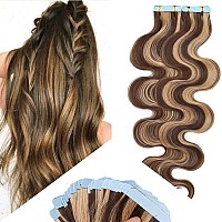 24 Inch Tape In Human Hair Extensions Body Wave 20Pcs 50Gpack Highlight 427 Medium Brown Mix Dark Blonde Long Wavy Seamless S