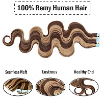 24 Inch Tape In Human Hair Extensions Body Wave 20Pcs 50Gpack Highlight 427 Medium Brown Mix Dark Blonde Long Wavy Seamless S