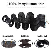 24 Inch Tape In Human Hair Extensions Body Wave 20Pcs 50Gpack Highlight 1 Jet Black Long Wavy Seamless Skin Weft Glue In Human