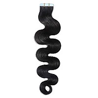 24 Inch Tape In Human Hair Extensions Body Wave 20Pcs 50Gpack Highlight 1 Jet Black Long Wavy Seamless Skin Weft Glue In Human