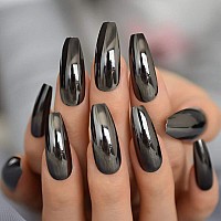 Coolnail Reflective Mirror Punk Design Silver Gray Metal Plating False Acrylic Nail Tips Metallic Ballerina Coffin Fake Nails