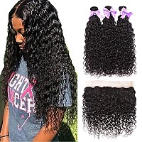 Brazilian Water Wave Human Hair Bundles With Frontal 13X4 Free Part Lace Frontal Virgin Human Hair Bundles Human Hair Extensions