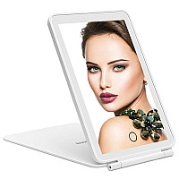 deweisn LED Tabletop Mount Makeup Mirror for Travel, 32 LEDs Lighted Vanity Mirrors with Dimmable Lighting,Compact, Slim, Rechargeable Folding Lighted Mirror for Beauty (White)