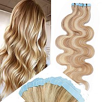 Hairro 16 Inch Tape In Human Hair Extensions Highlight Wavy Thin Hair 100G 40Pcspack Seamless Skin Weft Glue In Body Wave Human