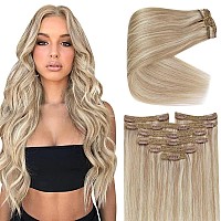 Sunny 24Inch Clip In Hair Extensions Human Hair Ash Blonde Extensions Clip In Real Human Hair Layered Clip On Hair Extensions As