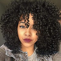 YEAME Curly Wigs for Black Women - Afro Curly Wig with Bangs Natural Black Hair Synthetic Heat Resistant Full Wigs with 1 Wig Comb and 4pcs Wig Caps