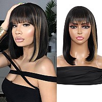 Kalyss Bob Short Hair Wig For Black Women Heat Resistant Yaki Synthetic Hair Womens Wig With Hair Bangs Black With Strawberry