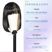 Kalyss Bob Short Hair Wig For Black Women Heat Resistant Yaki Synthetic Hair Womens Wig With Hair Bangs Black With Strawberry