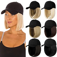 Qlenkay Baseball Cap With Hair Extensions Straight Short Bob Hairstyle Adjustable Removable Wig Hat 14Inch For Woman Girl Bleach