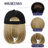 Qlenkay Baseball Cap With Hair Extensions Straight Short Bob Hairstyle Adjustable Removable Wig Hat 14Inch For Woman Girl Ash Bl