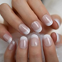 Coolnail Short White French Press On Fake Nails Tips Natural Beige Pink 24Pcs Round Head Full Cover Faux Ongles For Home Office