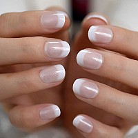 Coolnail Short White French Press On Fake Nails Tips Natural Beige Pink 24Pcs Round Head Full Cover Faux Ongles For Home Office