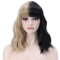 Pattnium Black And Blonde Wig Two Tone Wig Short Curly Black Blonde Wig With Bangs Split Wig For Women Heat Resistant Synthetic