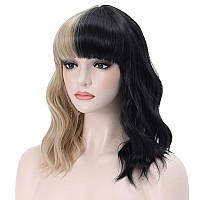 Pattnium Black And Blonde Wig Two Tone Wig Short Curly Black Blonde Wig With Bangs Split Wig For Women Heat Resistant Synthetic