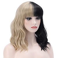 Pattnium Black And Blonde Wig Two Tone Wig Short Curly Black Blonde Wig With Bangs Split Wig For Women Heat Resistant Synthetic