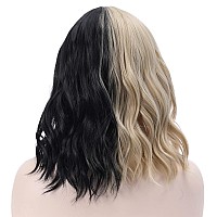 Pattnium Black And Blonde Wig Two Tone Wig Short Curly Black Blonde Wig With Bangs Split Wig For Women Heat Resistant Synthetic