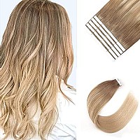 Sixstarhair Tape in Hair Extensions Balayage Hair Made Of 100 Human Hair Balayage Tape In Extensions Ombre Ash Brown Fading to Dirty Blonde Highlight Ash blonde [B8-18-60 22inch]