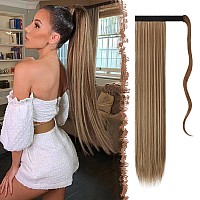 Feshfen Straight Long Ponytail Extensions 24 Inch Brown And Blonde Wrap Around Synthetic Ponytails Hair Piece Pony Tail Hair Ext