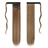 Feshfen Straight Long Ponytail Extensions 24 Inch Brown And Blonde Wrap Around Synthetic Ponytails Hair Piece Pony Tail Hair Ext