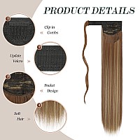 Feshfen Straight Long Ponytail Extensions 24 Inch Brown And Blonde Wrap Around Synthetic Ponytails Hair Piece Pony Tail Hair Ext