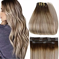 Full Shine Clip On Hair Extensions Human Hair 16 Inch Lace Clip In Extensions Real Human Hair Medium Brown Ombre Ash Brown Mix L