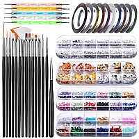 Nail Art Brush, Teenitor 3D Nail Art Decorations Kit with Nail Pen Designer Dotting Tools Colors Holographic Butterfly Nail Glitter Foil Flakes Nail Tape Strips and Multi-Color Nails Rhinestones