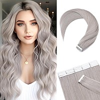 Tape In Hair Extensions Real Human Hair 20Pcs 40G 100 Remy Hair Extensions Of Balayage Grey Seamless Straight Double Sided Tape