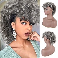 Wig Short Afro Kinky Curly Ponytail Hairpiece And Bangs Clip In On Synthetic Curly Hair Bun Made Of Kanekalon Fibre Puff Ponytai