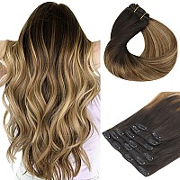 HOTBANANA Human Hair Clip in Hair Extensions, Dark Brown to Chestnut Brown and Dirty Blonde Highlighted 120g Clip in Hair Extensions Real Human Hair Straight Remy Hair 14 Inch 7pcs