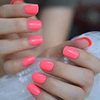 Neon Short Nails Summer Color Fake Nails Deep Pink Ladies Bright Color Designed Abs Material Fingernails With Adhesive Tabs