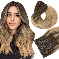 clip in Hair Extensions, hotbanana chocolate Brown to Dirty Blonde 120g clip in Hair Extensions Real Human Hair Straight Remy Hair clip in Hair Extensions 24 inch 7pcs