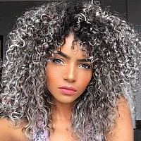 Yeame Curly Wigs For White Women Kinky Curly Afro Wig With Bangs Ombre Gray Color Synthetic Mixed Wigs With 1 Wig Comb And 4Pc