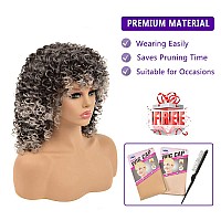 Yeame Curly Wigs For White Women Kinky Curly Afro Wig With Bangs Ombre Gray Color Synthetic Mixed Wigs With 1 Wig Comb And 4Pc