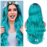 Quantum Love Ombre Bluish Green Wigs Long Curly Wavy Teal Blue Side Part Wig 2 Tones Dark Roots Synthetic Daily Party Cosplay Wi