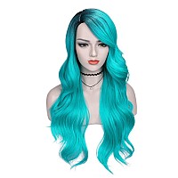 Quantum Love Ombre Bluish Green Wigs Long Curly Wavy Teal Blue Side Part Wig 2 Tones Dark Roots Synthetic Daily Party Cosplay Wi