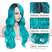 Quantum Love Ombre Bluish Green Wigs Long Curly Wavy Teal Blue Side Part Wig 2 Tones Dark Roots Synthetic Daily Party Cosplay Wi