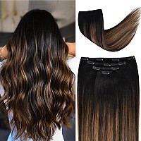 16 Hair Extensions Balayage Clip In Human Hair For Women Silky Straight Natural Black To Chestnut Brown Highlight Black Ombre