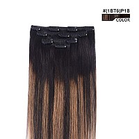 16 Hair Extensions Balayage Clip In Human Hair For Women Silky Straight Natural Black To Chestnut Brown Highlight Black Ombre