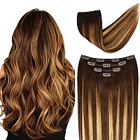 14 Clip In Hair Extensions Balayage Human Hair For Women 4Pieces Silky Straight Chocolate Brown To Honey Blonde Highlight Bro