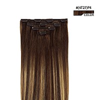 14 Clip In Hair Extensions Balayage Human Hair For Women 4Pieces Silky Straight Chocolate Brown To Honey Blonde Highlight Bro