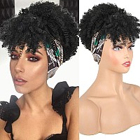 Aisaide Curly Wigs For Black Women Short Afro Kinky Curly Headbands For Wigscurly Synthetic Black Wig With Bangs Wrap Wig With