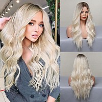 Piaou Ombre Blonde Wigs Long Wavy Synthetic Wig For Women Brown To Light Blonde With Dark Roots Ombre Blonde Wavy Wig Heat Resis