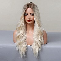 Piaou Ombre Blonde Wigs Long Wavy Synthetic Wig For Women Brown To Light Blonde With Dark Roots Ombre Blonde Wavy Wig Heat Resis