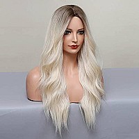 Piaou Ombre Blonde Wigs Long Wavy Synthetic Wig For Women Brown To Light Blonde With Dark Roots Ombre Blonde Wavy Wig Heat Resis